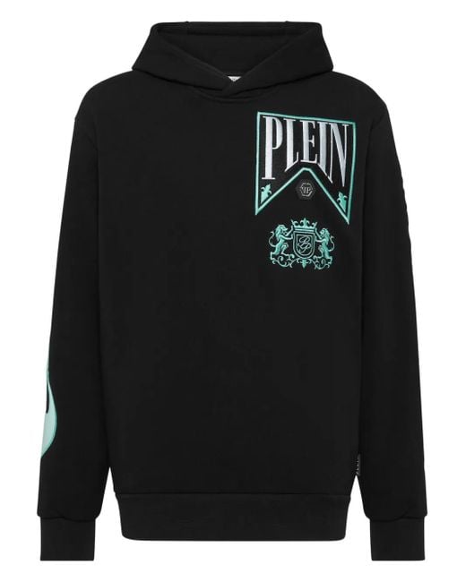 Philipp Plein Black Hoodie Sweatshirt Ls Strass Flame Racing for men