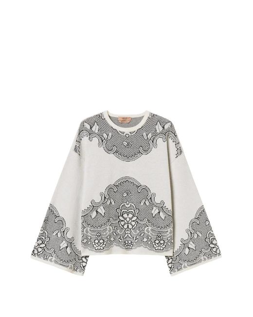 Twinset White Wool-Blend Jacquard Maxi Jumper