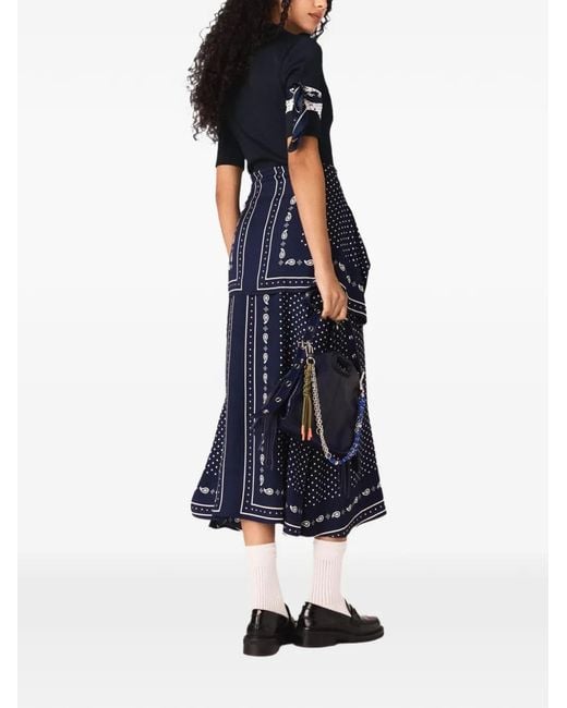 Maje Blue Bandana Patterned Mixed-Material Dress