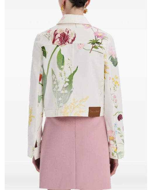 Oscar de la Renta White Botanical-Print Denim Jacket