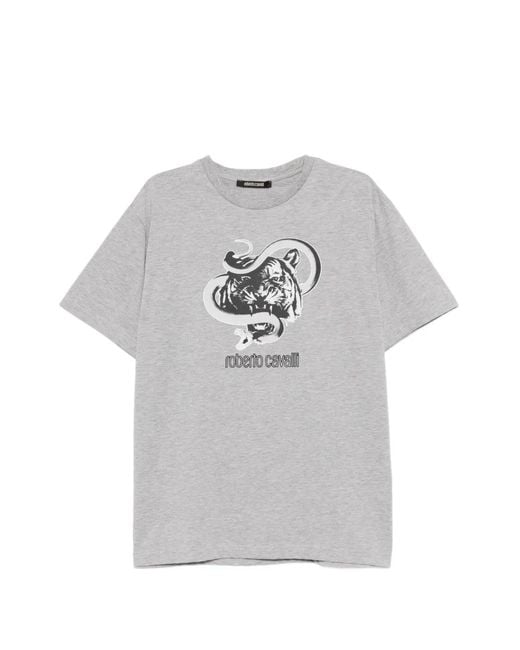Roberto Cavalli Gray Graphic-Print Crew-Neck T-Shirt for men