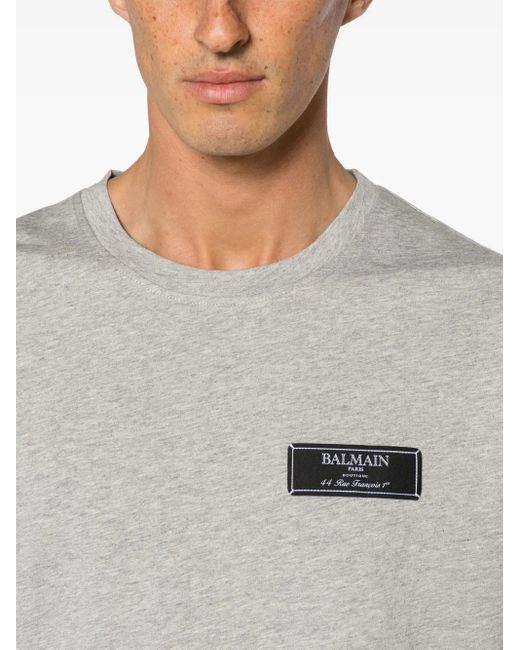 Balmain Gray Logo-Patch Mélange T-Shirt for men