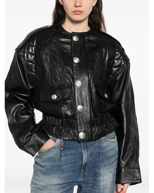 R13 Black Quilted Button Leather Jacket