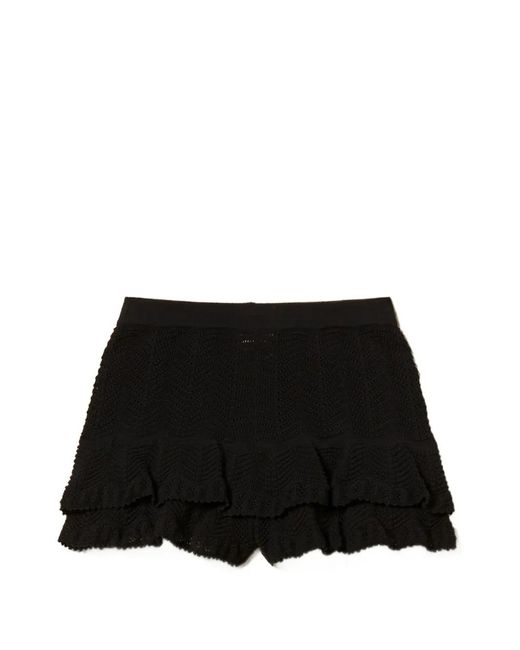 Twinset Black Knit Shorts With Ruffles