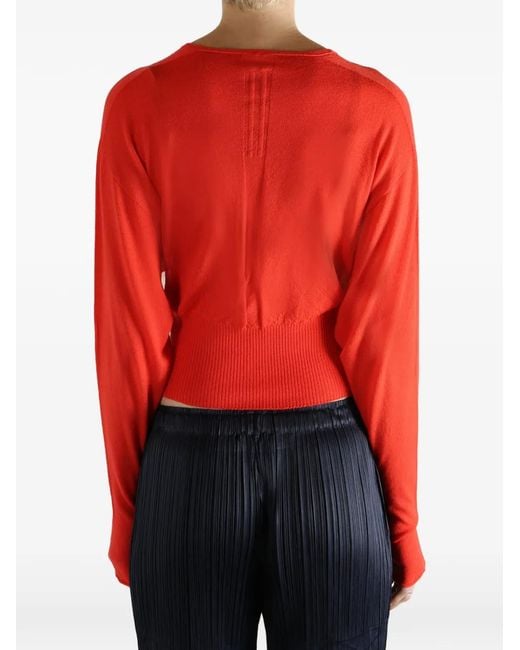 Rick Owens Red V-Neck Ribbed Sweater