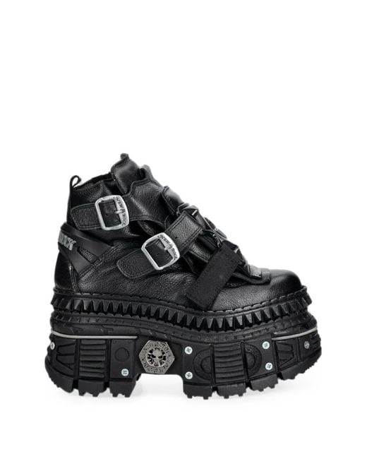 New Rock Black Metallic Buckle-Fastening Platform Boots