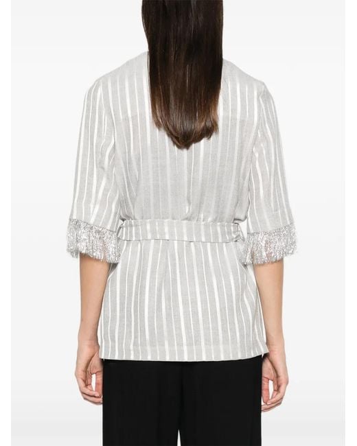 Marc Ellis White Striped Fringe-Trimmed Jacket