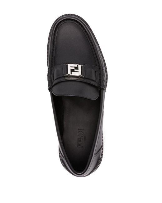 Fendi Black Ff Squared-plaque Leather Loafers for men