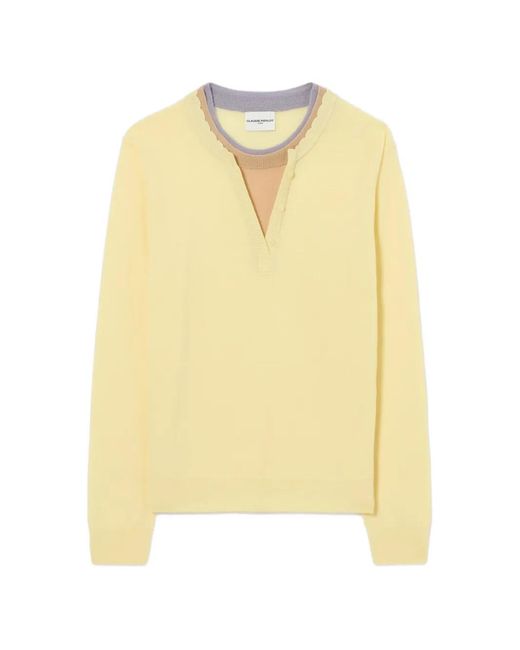 Claudie Pierlot Yellow Embroidered Scallop-Trim Sweater