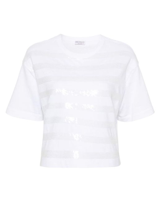 Brunello Cucinelli スパンコールストライプ Tシャツ White