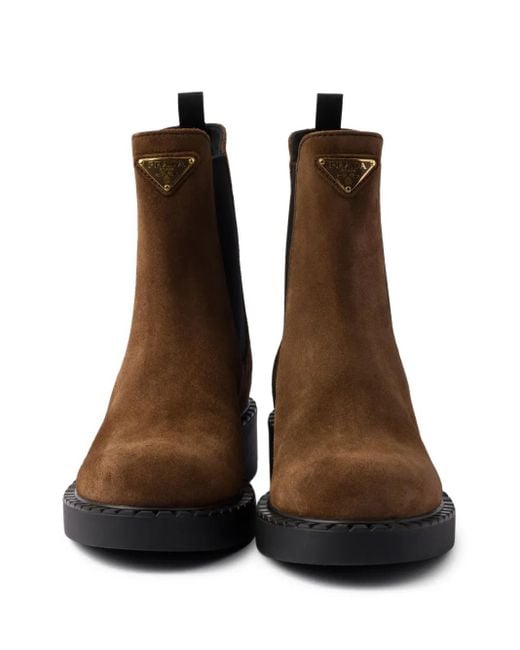 Prada Brown Suede Triangle Chelsea Boots