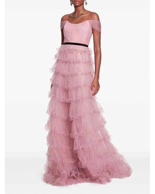 Marchesa Pink Off-Shoulder Ruffled Gown