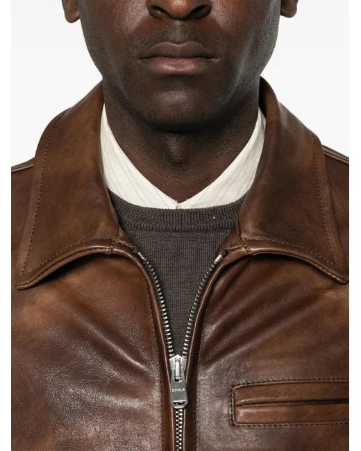 Dondup Brown Distressed Leather Jacket for men