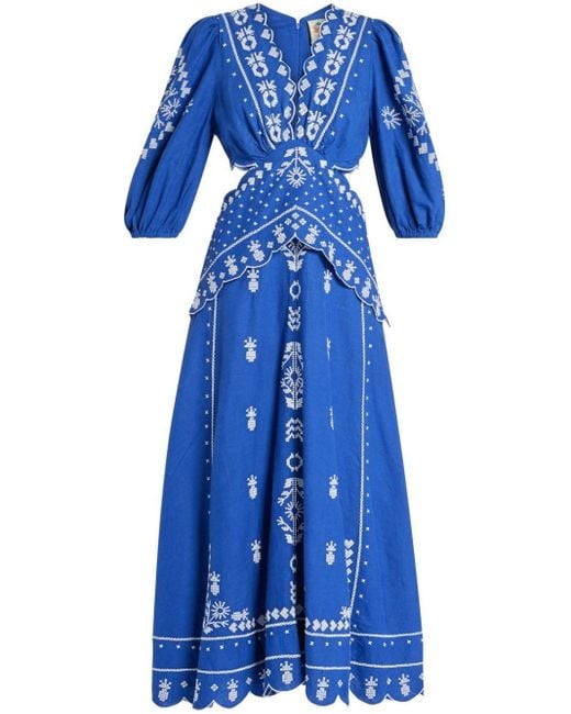 Farm Rio Blue Embroidered Cut-out Maxi Dress