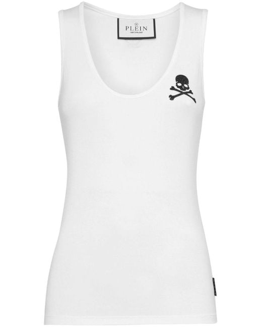 Philipp Plein White Crystal-Embellished Cotton Tank Top