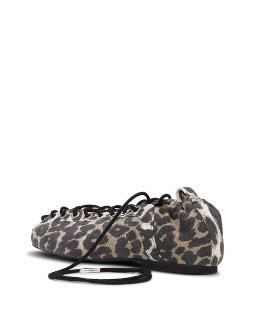 Ganni Natural Leopard-Print Lace-Up Ballet Flats