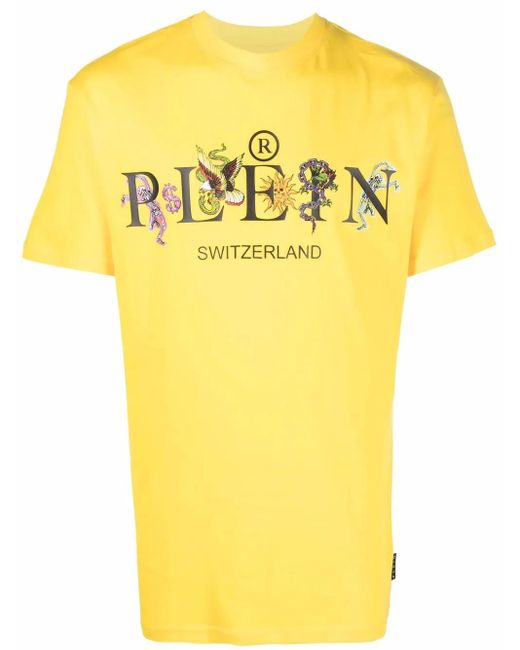 Philipp Plein Yellow Logo-Print Cotton T-Shirt for men