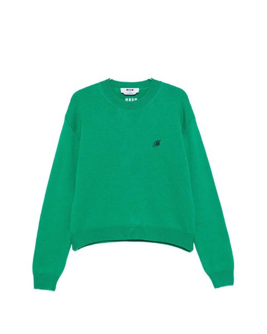 MSGM Green Logo-Embroidered Crew Neck Sweater for men