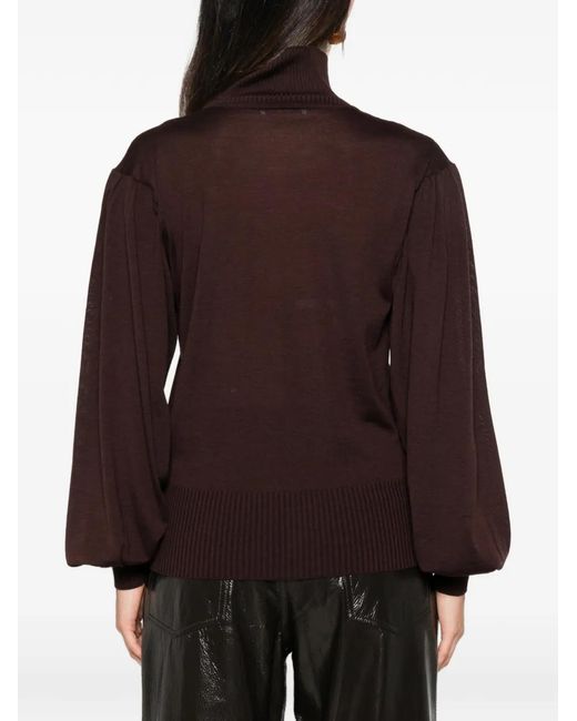 Liviana Conti Brown High-Neck Balloon-Sleeve Sweater