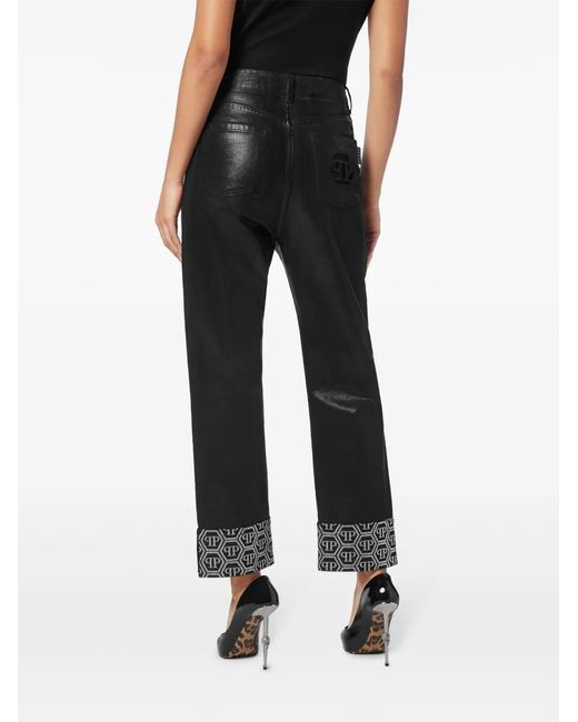 Philipp Plein Black Monogram-Pattern Trousers