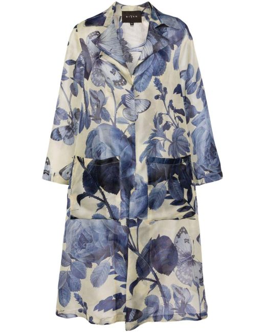 Biyan Blue Romana Floral-print Silk Trench Coat