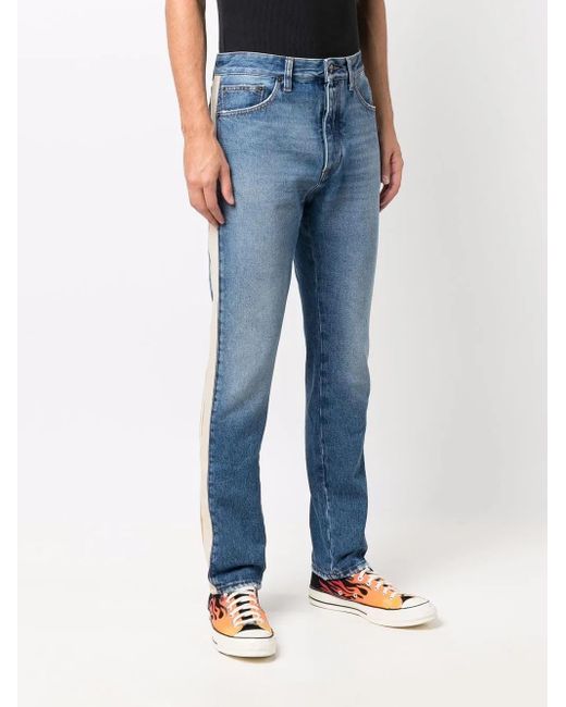 Palm Angels Blue Side-Stripe Straight-Leg Jeans for men