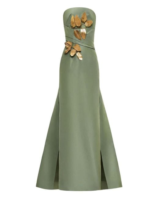 Oscar de la Renta Green Leaf-Embellished Faille Gown