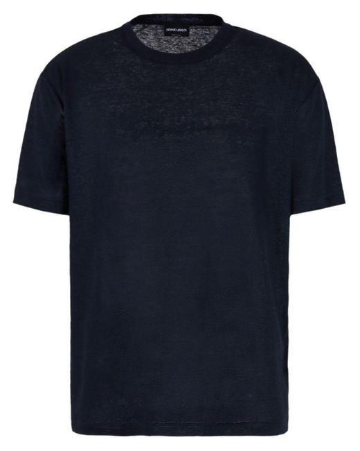 Giorgio Armani Blue Logo-embroidery Linen T-shirt for men