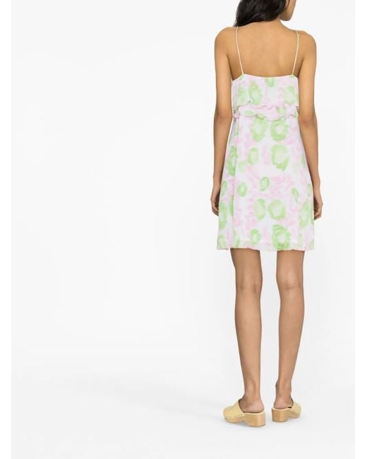 Ganni White Ruffled-Trim Graphic-Print Dress