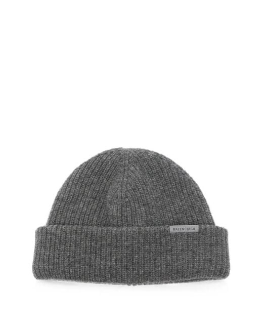 Balenciaga Gray Logo-Patch Beanie Hat for men