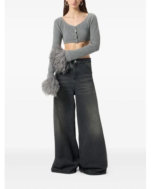 Blumarine Gray Cropped Ribbed Cardigan
