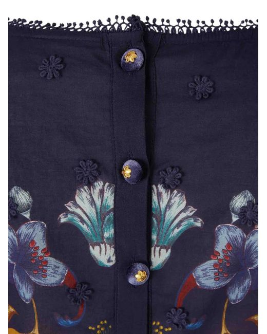 Farm Rio Blue Golden Nature Floral-Print Puff-Sleeve Top