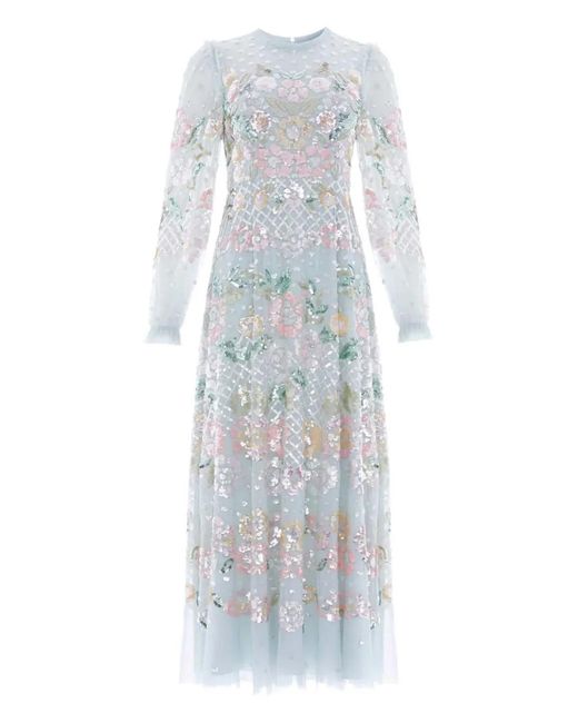 Needle & Thread White Rosalie Sequin-Embellished Floral Dress
