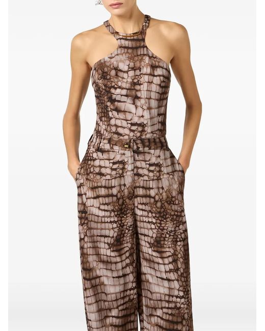 Elisabetta Franchi Brown Alligator-Print Racerback Jumpsuit