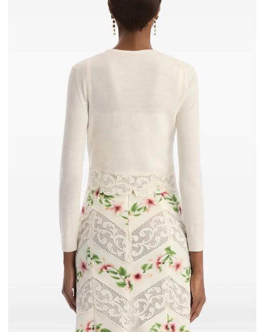 Oscar de la Renta White Chiné Hibiscus Threadwork Cropped Cardigan