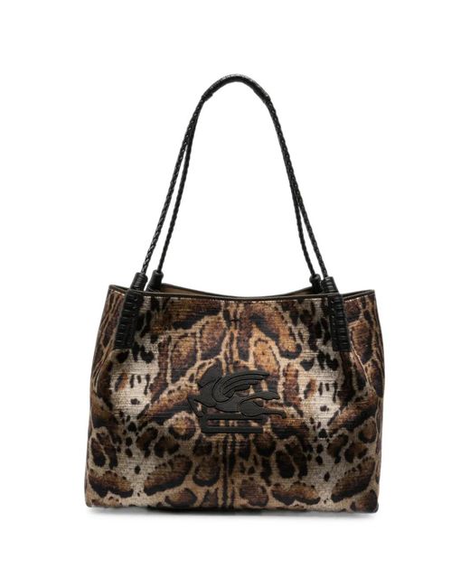 Etro Black Libra Leopard-Print Velvet Tote Bag