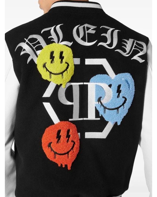 Philipp Plein Black Smile-Appliqué Varsity Jacket for men