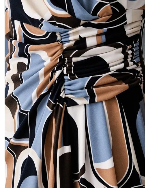 Joseph Ribkoff White Geometric-Print Ruched Midi Dress