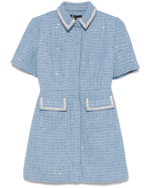 Maje Blue Sequin-Embellished Tweed Mini Dress