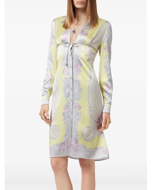 Versace White Cameo Silk Midi Shirt Dress