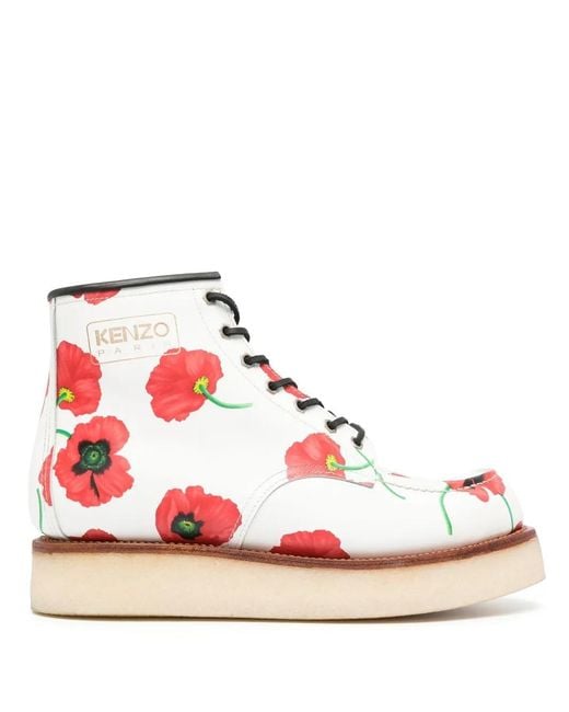 KENZO Pink Yama Poppy Print Leather Lace-up Boots for men