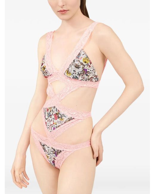 Roberto Cavalli Pink Maillot De Bain À Fleurs Et Finitions En Dentelle