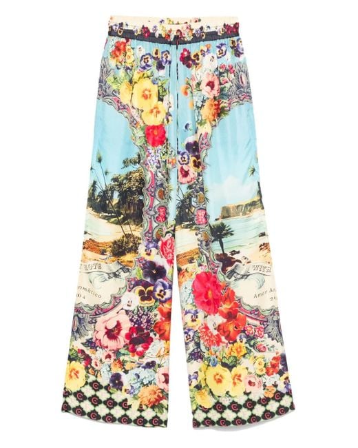 Camilla White Floral-Print Silk Straight-Leg Trousers