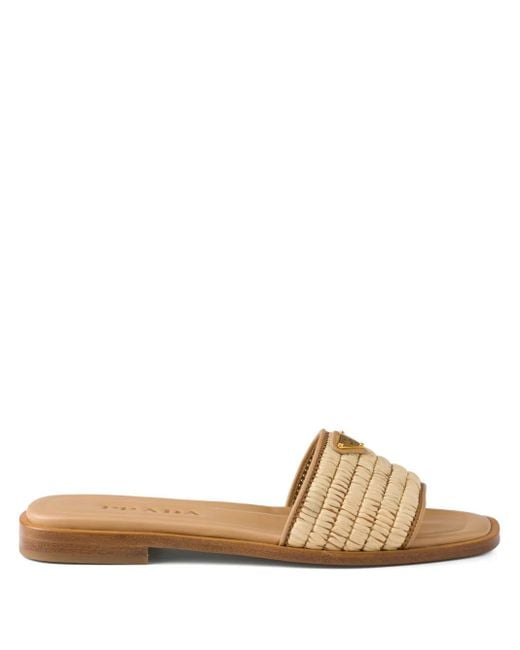 Prada Brown Leather Slides With Crochet Details