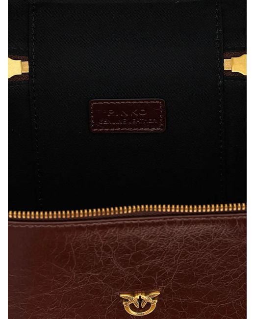Pinko Brown Love Birds Crumpled-Effect Leather Tote Bag