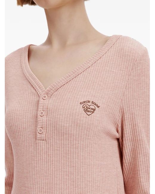 Chocoolate Pink Ribbed-Knit Heart-Motif Long-Sleeved Cropped T-Shirt