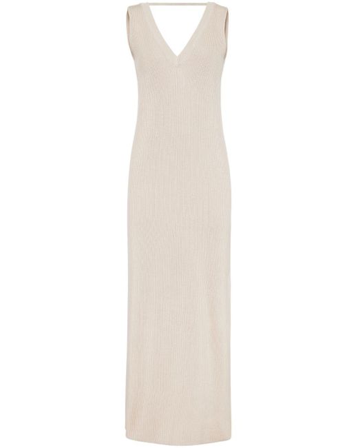 Brunello Cucinelli White V-neck Ribbed Maxi Dress