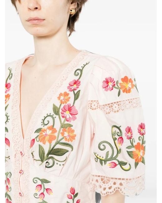 Farm Rio Pink Flower Embroidered Puff-Sleeve Blouse