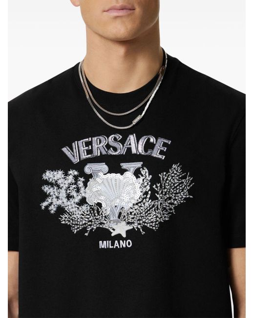 Versace Black University Coral Embroidered T-shirt for men