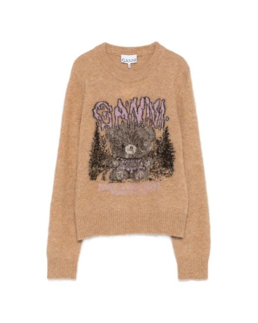 Ganni White Graphic-Intarsia Crew-Neck Sweater